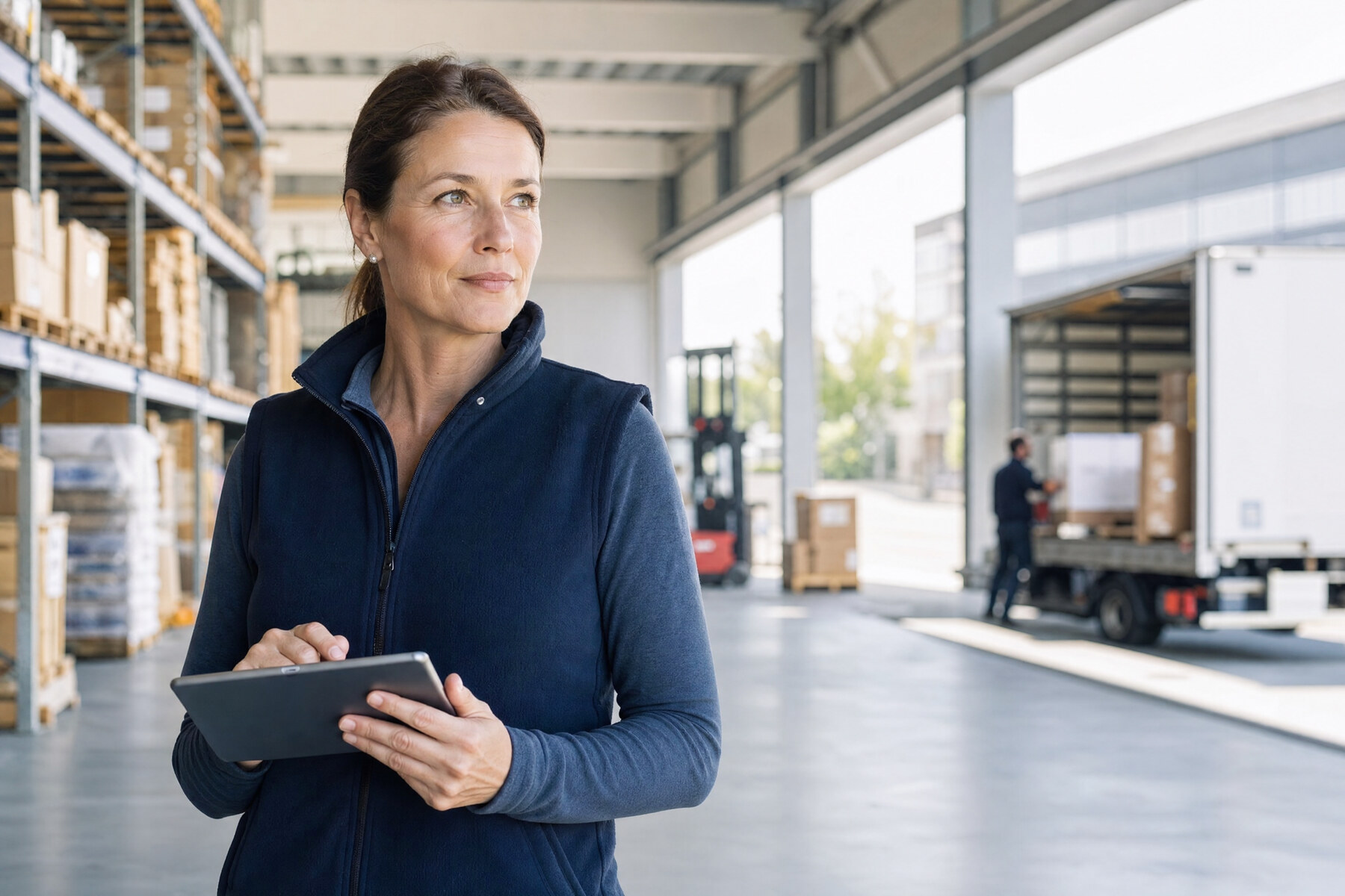 Mitarbeiter mit Tablet in einer Logistikhalle