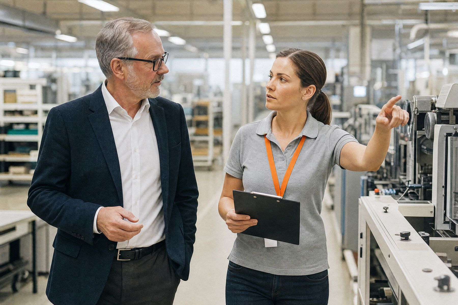 Geschäftsführer und Qualitätsmanagerin mit Klemmbrett gehen durch eine helle Produktionshalle und besprechen eine Prüfung