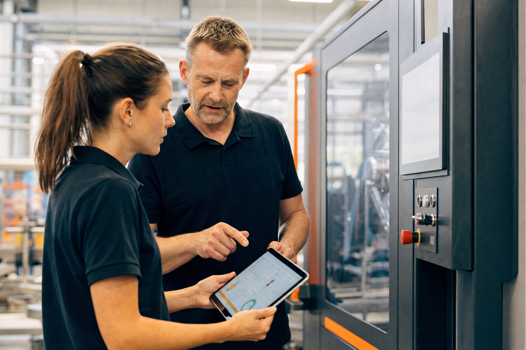 Zwei Ingenieure an einer vernetzten Maschine im Maschinenbau, ein Tablet zeigt ein neutrales Daten-Dashboard
