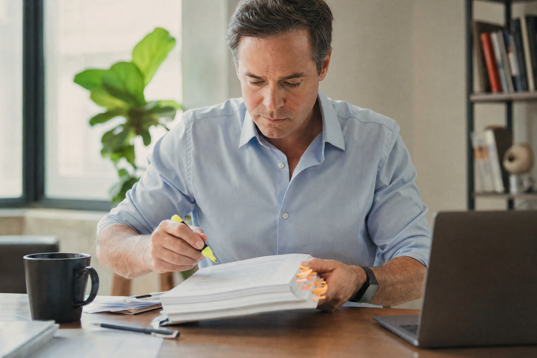Compliance-Verantwortlicher liest eine dicke Verordnung mit orangefarbenen Klebereitern und Textmarker am Schreibtisch