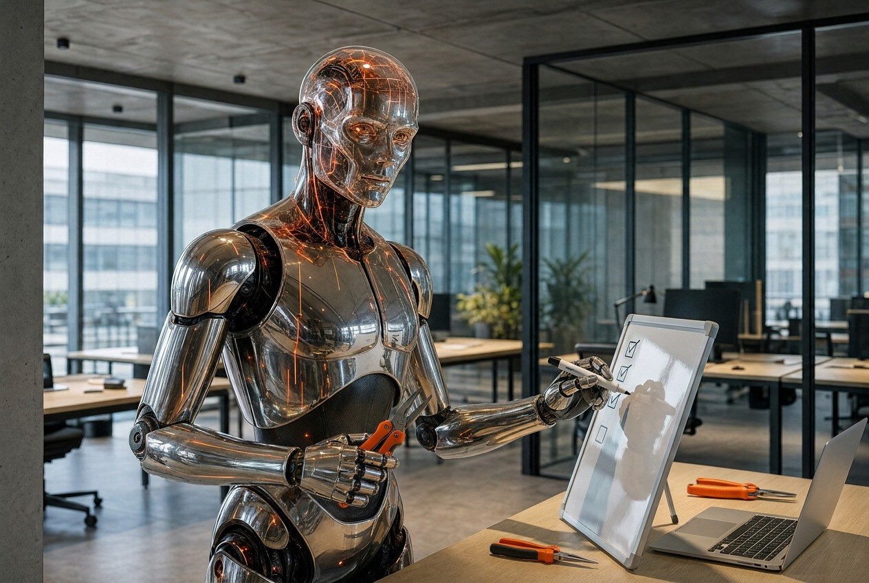 Der Roboter hakt selbstständig Punkte auf einer Tafel ab, in der anderen Hand ein Werkzeug, weitere liegen bereit