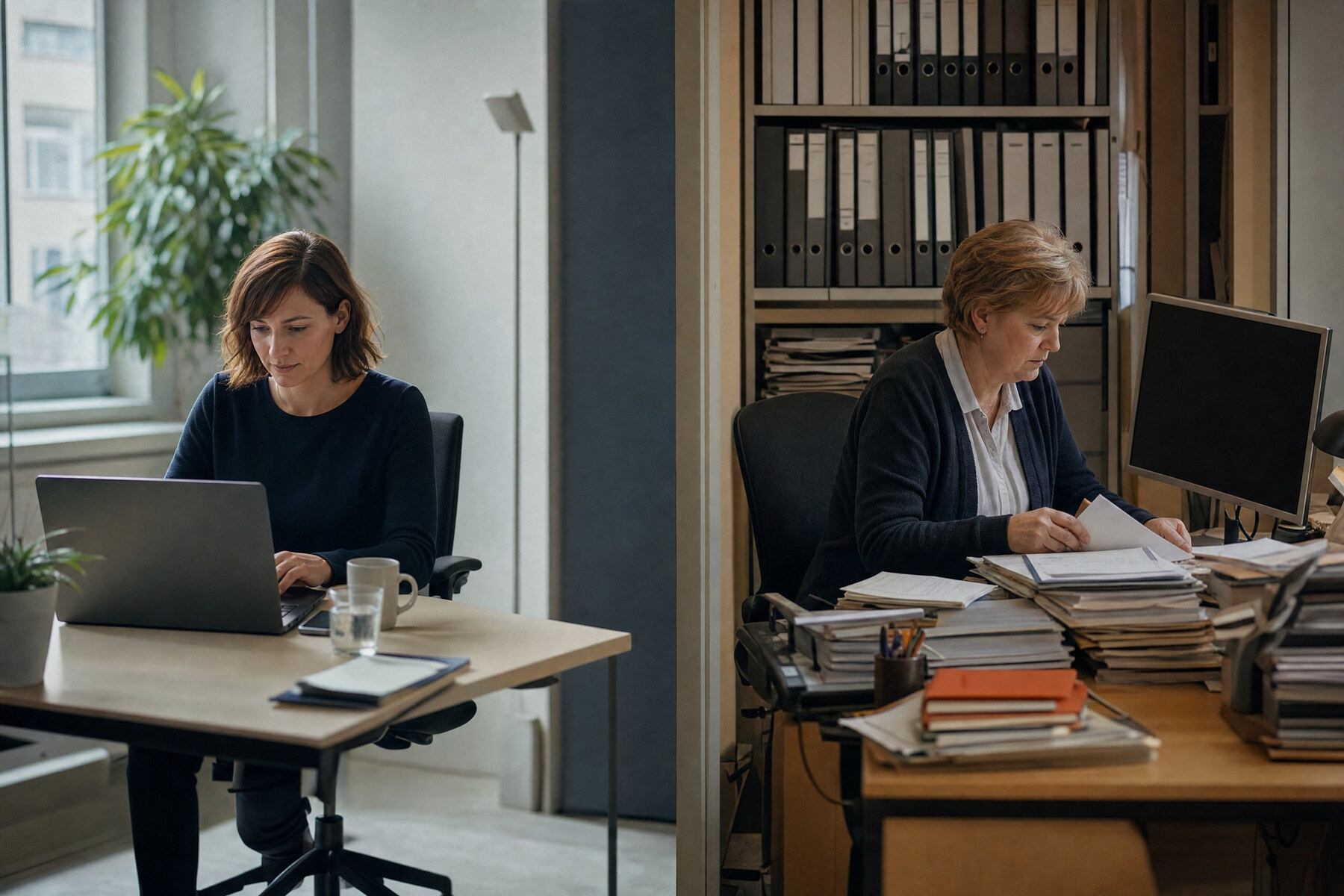 Zwei benachbarte Arbeitsplätze im Vergleich, links flüssiges Arbeiten am Laptop, rechts Aktenstapel vor dunklem Bildschirm