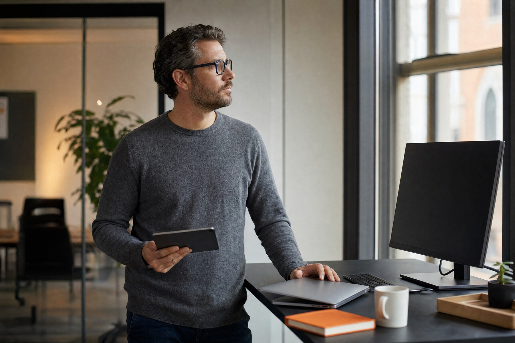 IT-Leiter am Stehschreibtisch mit halb geschlossenem Laptop und Tablet, nachdenklicher Blick aus dem Fenster