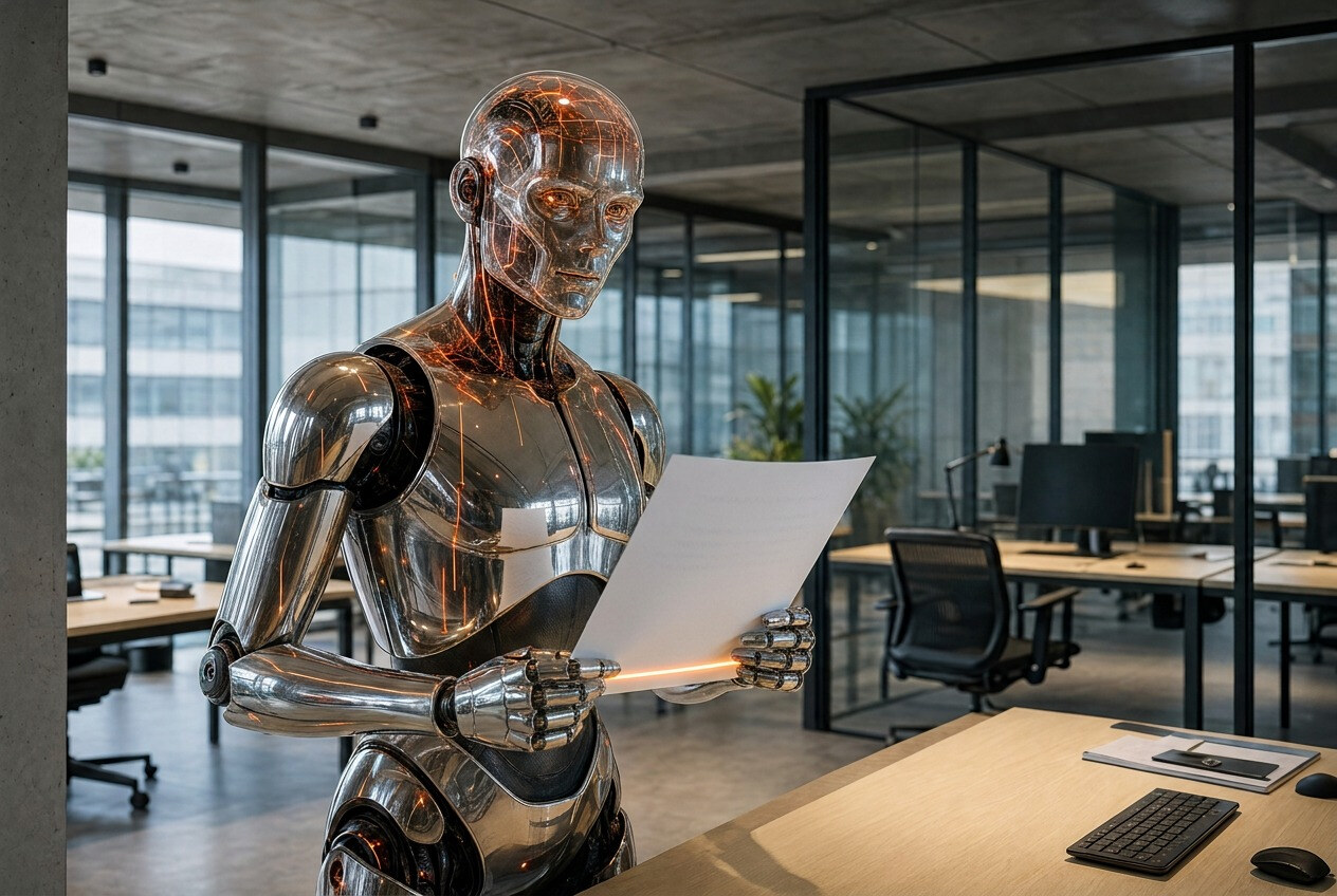 Der Roboter liest ein weißes Blatt, an dessen unterer Kante eine versteckte Zeile orange aufleuchtet