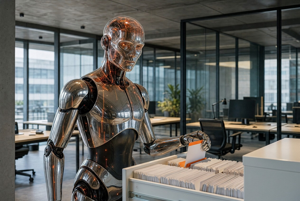 Der Roboter zieht eine einzelne Karte mit orangem Rand aus einem offenen Karteischrank voller Karten
