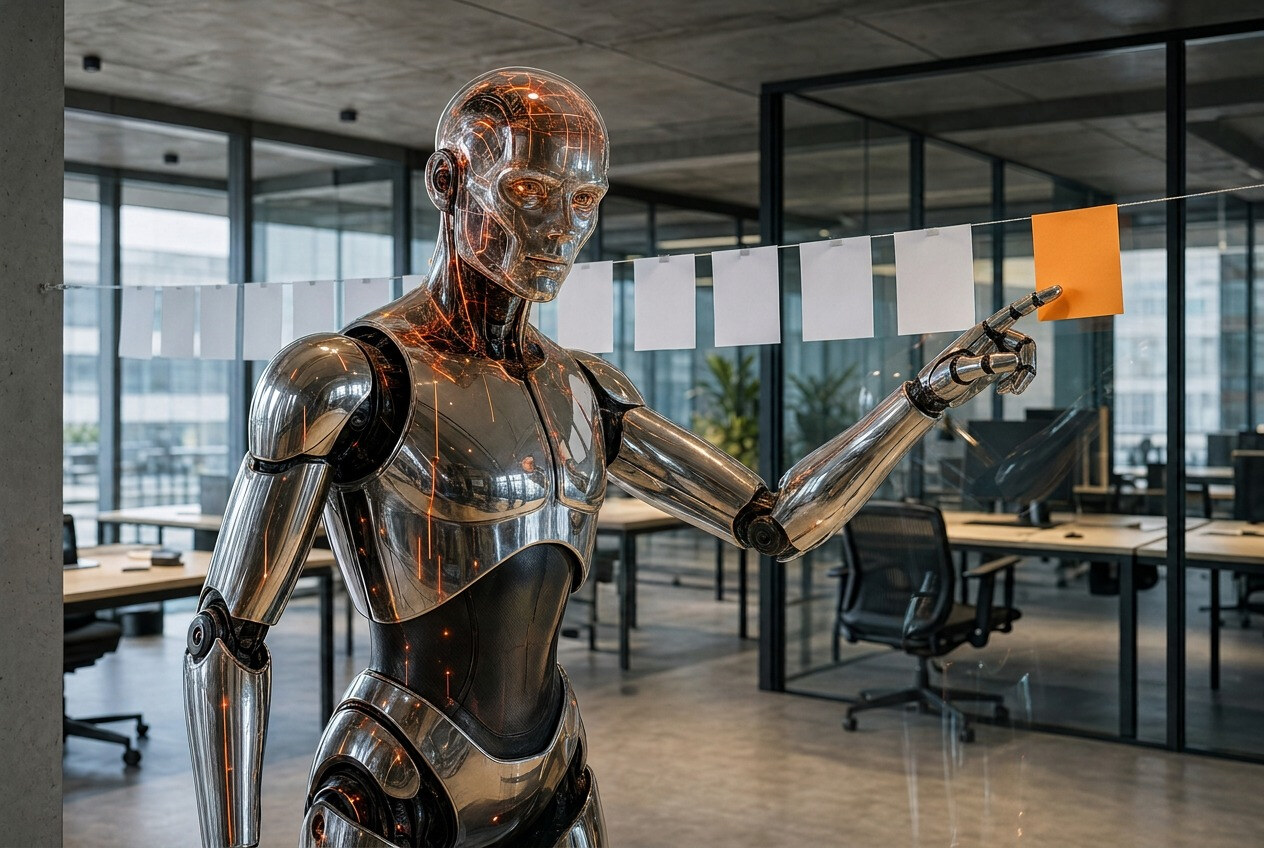 Der Roboter zeigt auf die Lücke am Ende einer Reihe aufgehängter Wortkarten, dort kommt die orange Karte hin