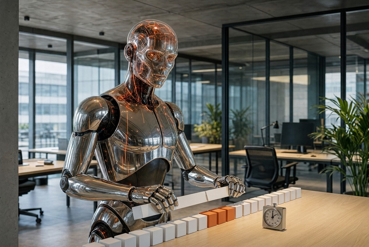 Der Roboter zerlegt einen weißen Streifen in gleich große Bausteine und legt sie in einer Reihe aus, drei davon orange