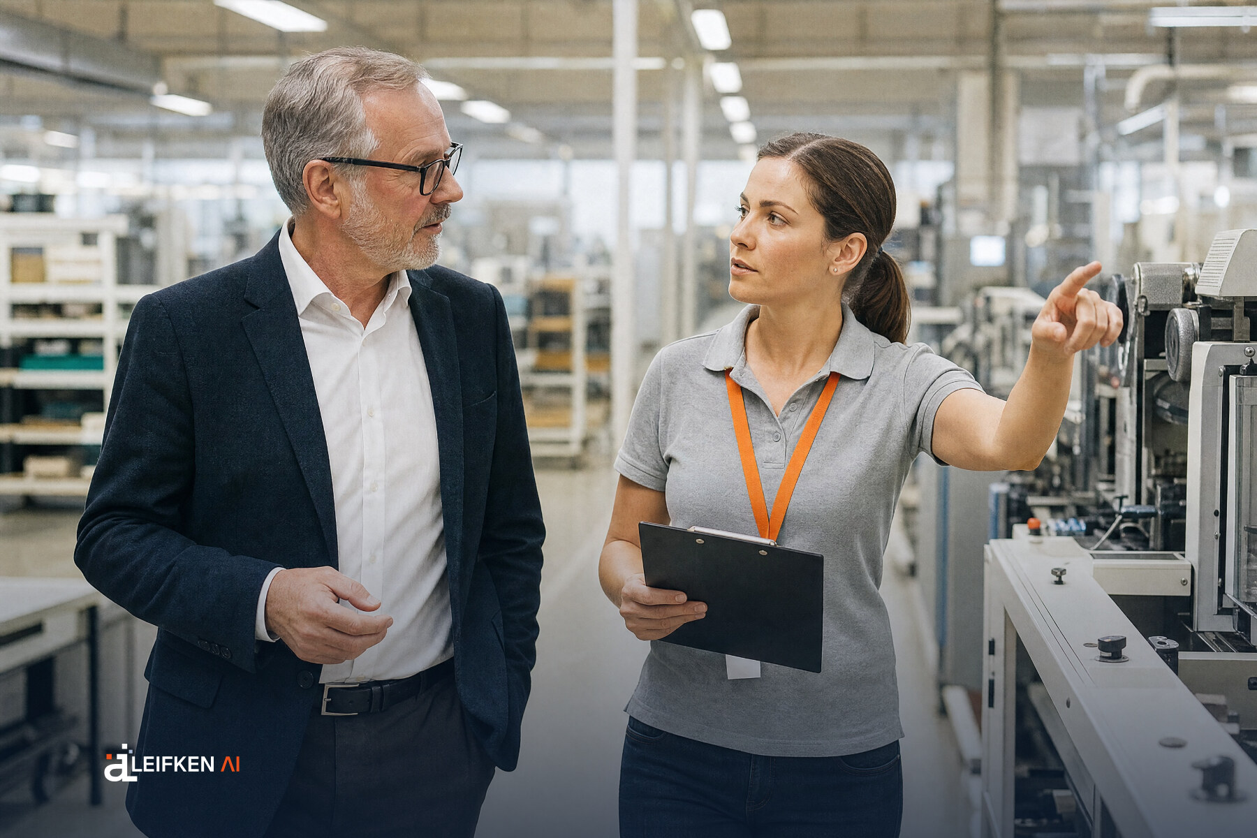 Geschäftsführer und Qualitätsmanagerin mit Klemmbrett gehen durch eine helle Produktionshalle und besprechen eine Prüfung