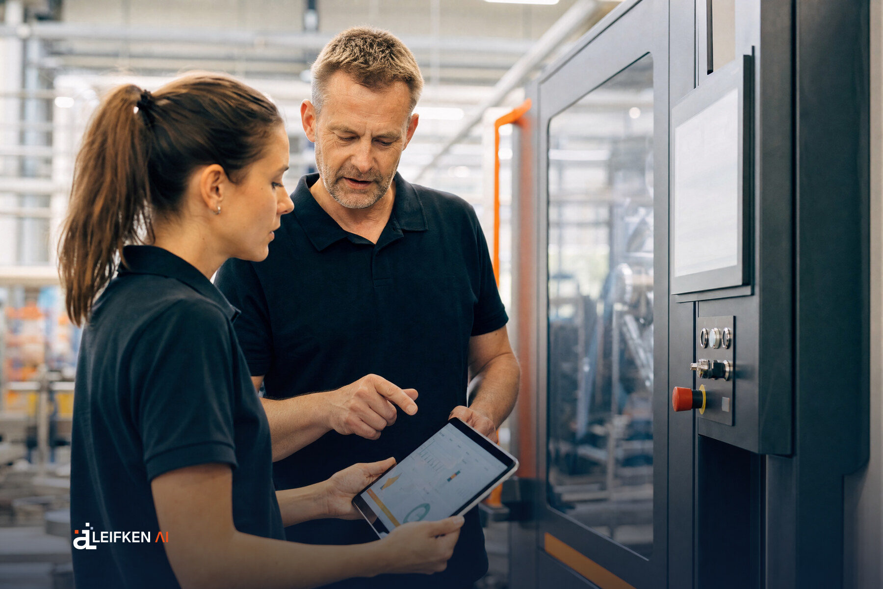 Zwei Ingenieure an einer vernetzten Maschine im Maschinenbau, ein Tablet zeigt ein neutrales Daten-Dashboard