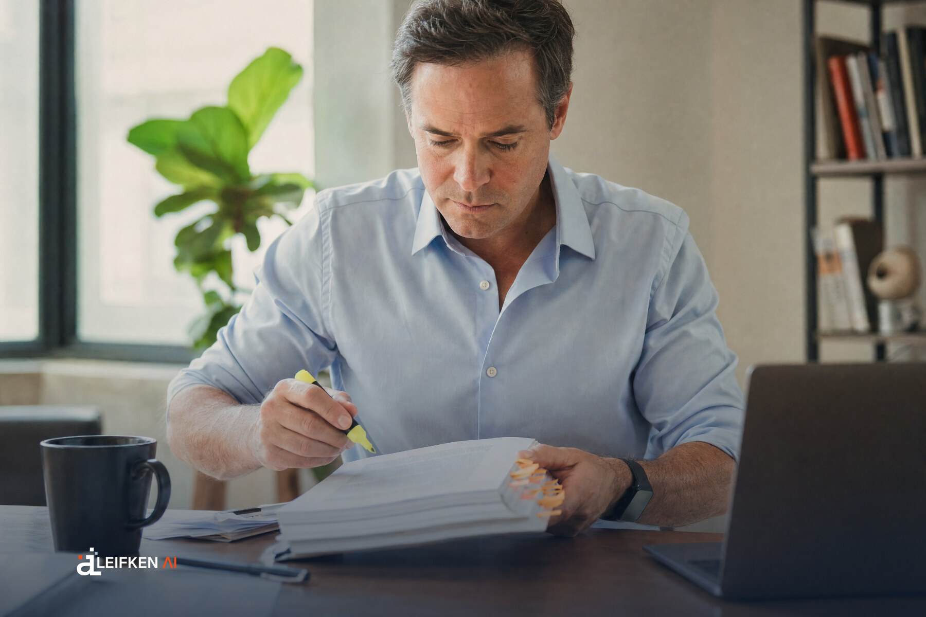 Compliance-Verantwortlicher liest eine dicke Verordnung mit orangefarbenen Klebereitern und Textmarker am Schreibtisch