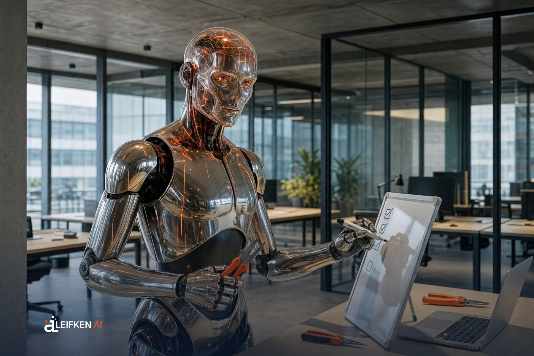 Der Roboter hakt selbstständig Punkte auf einer Tafel ab, in der anderen Hand ein Werkzeug, weitere liegen bereit