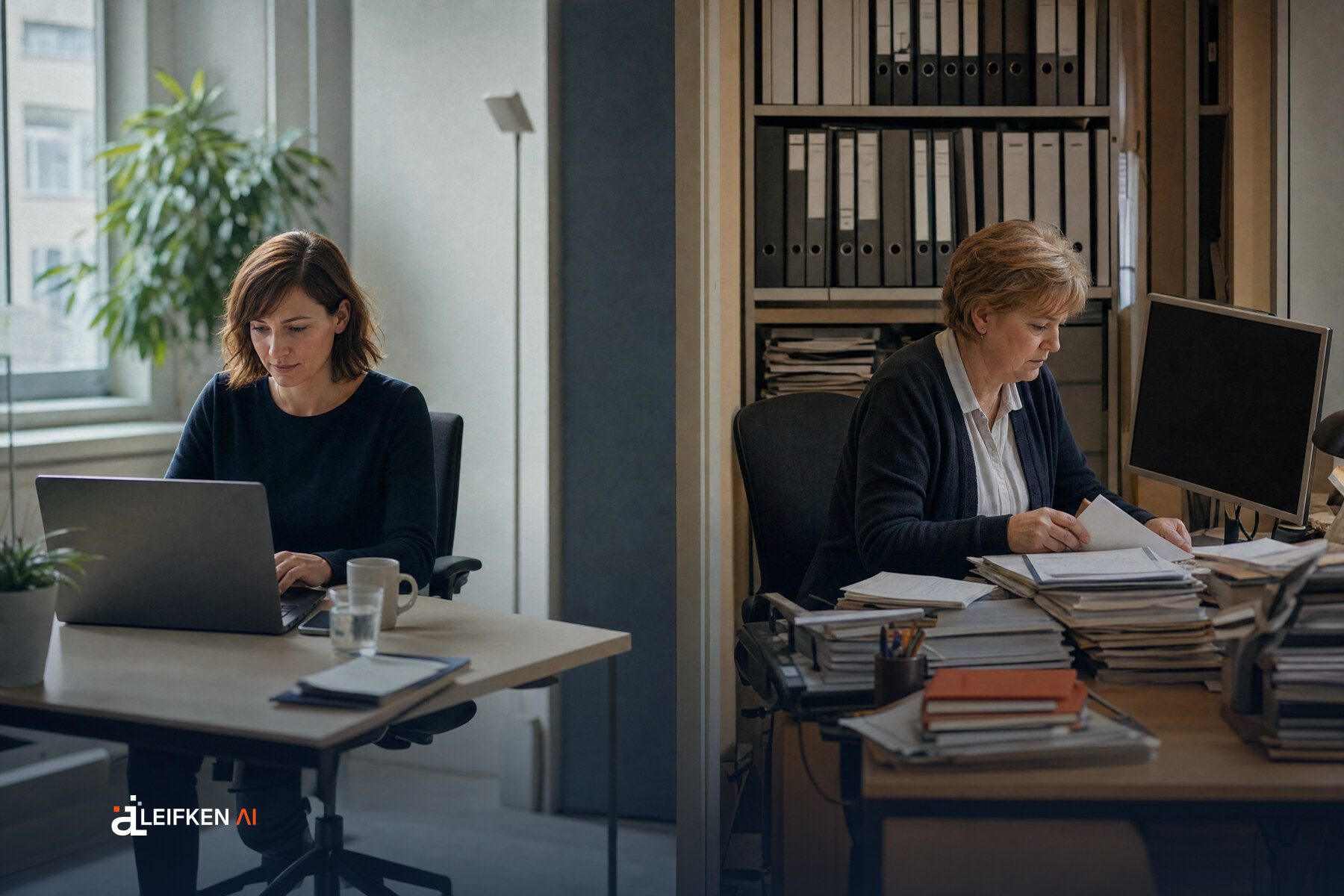 Zwei benachbarte Arbeitsplätze im Vergleich, links flüssiges Arbeiten am Laptop, rechts Aktenstapel vor dunklem Bildschirm