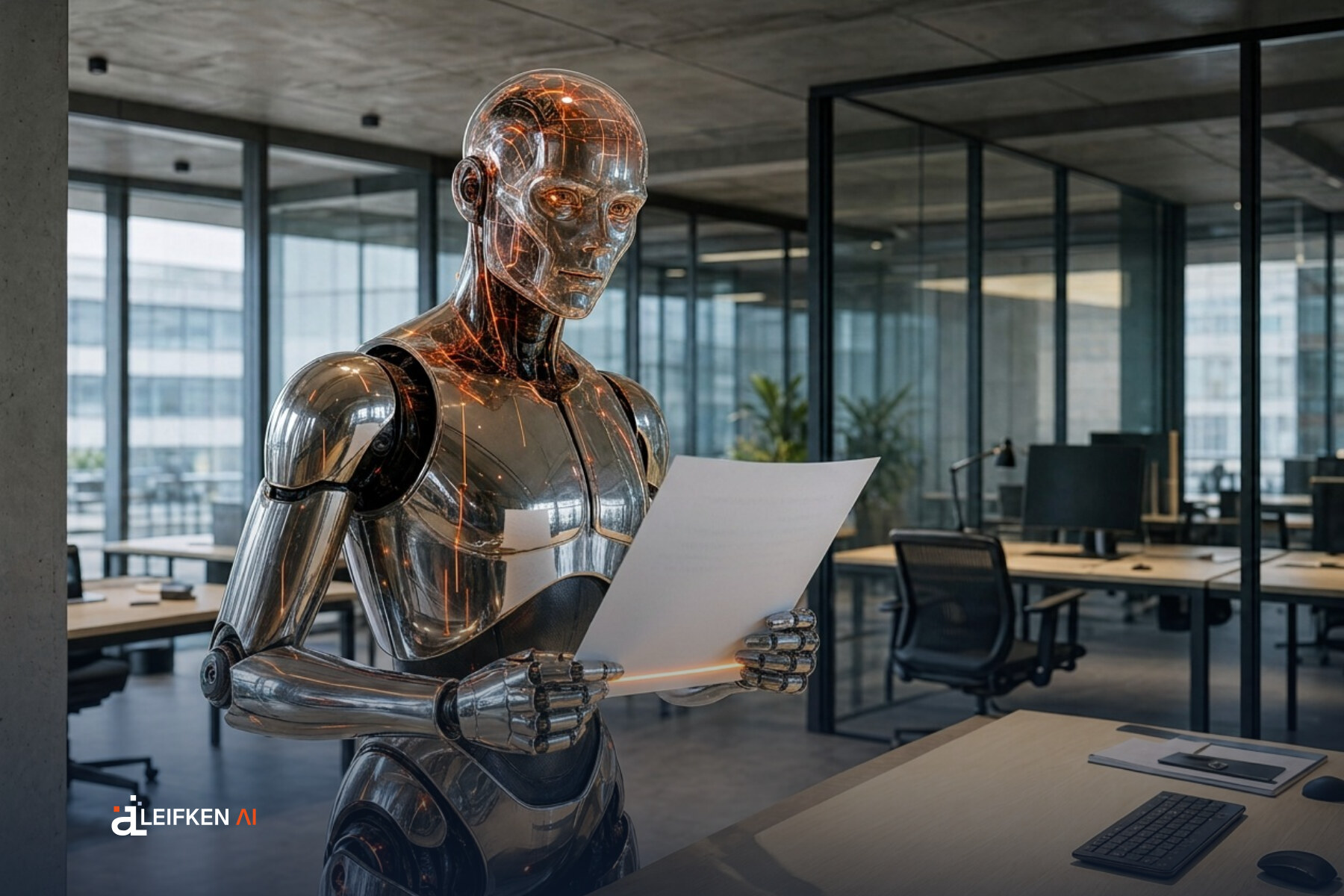 Der Roboter liest ein weißes Blatt, an dessen unterer Kante eine versteckte Zeile orange aufleuchtet