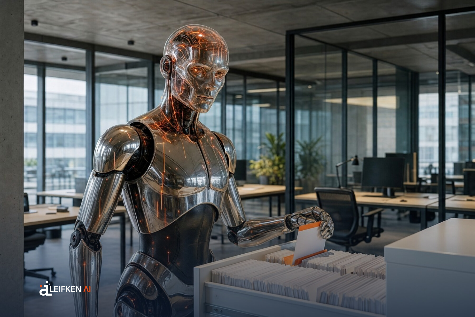 Der Roboter zieht eine einzelne Karte mit orangem Rand aus einem offenen Karteischrank voller Karten