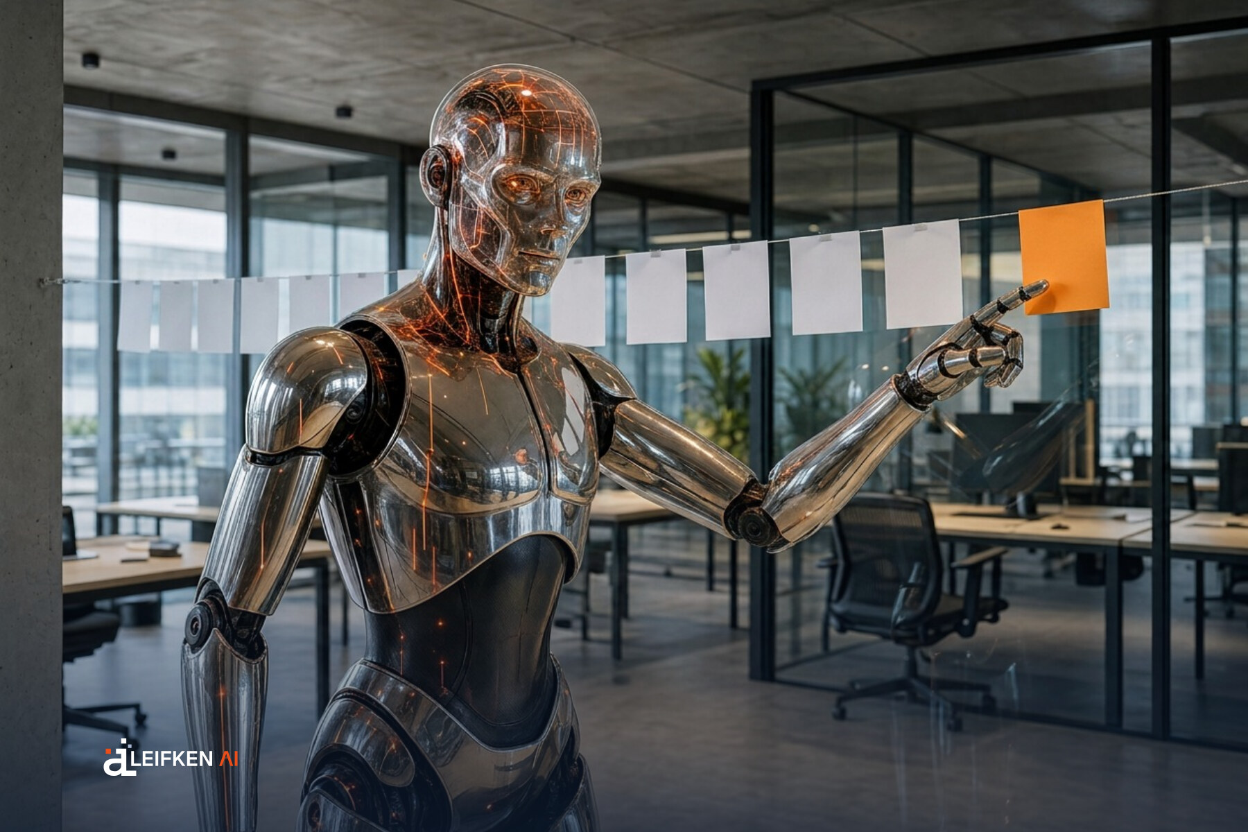 Der Roboter zeigt auf die Lücke am Ende einer Reihe aufgehängter Wortkarten, dort kommt die orange Karte hin