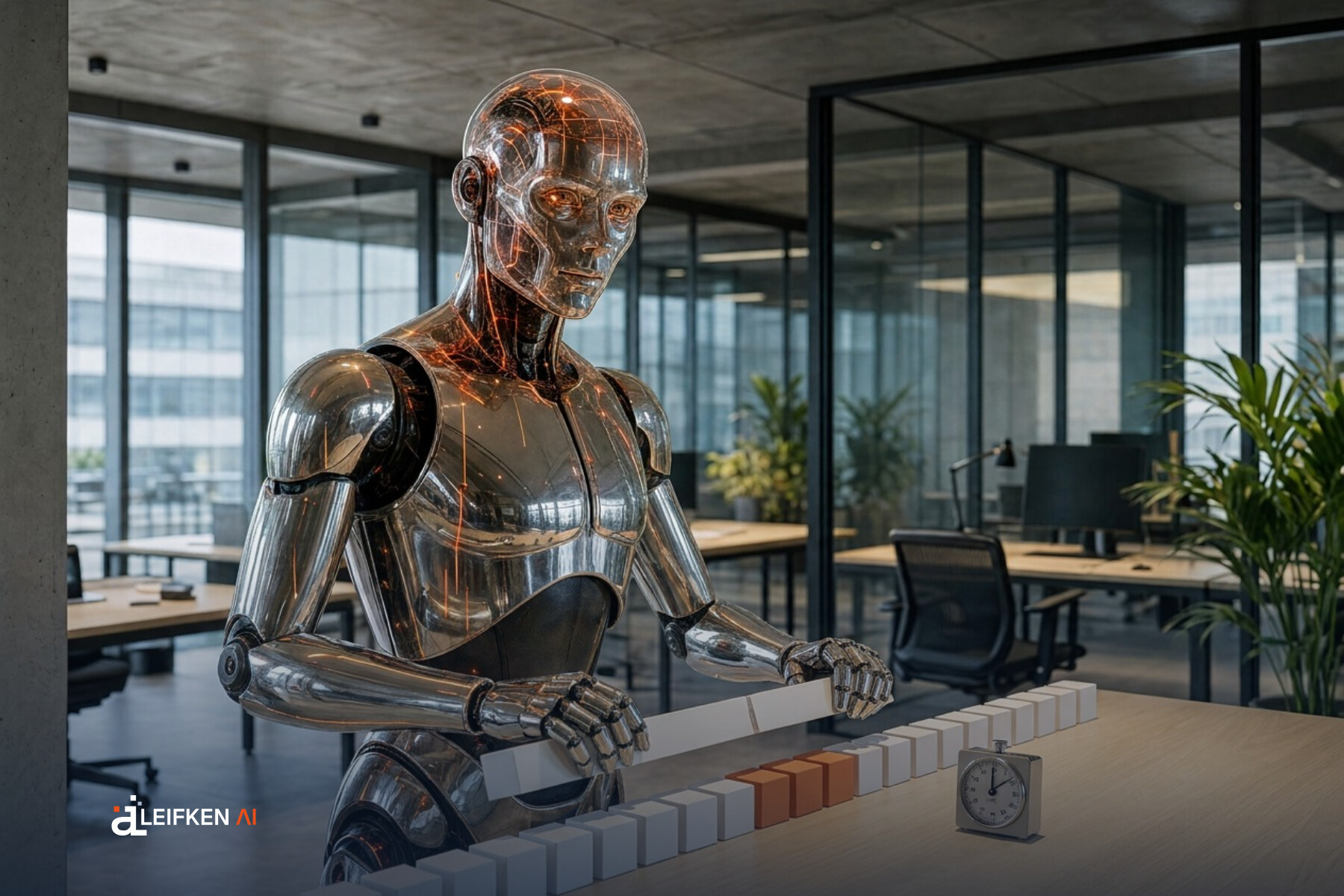 Der Roboter zerlegt einen weißen Streifen in gleich große Bausteine und legt sie in einer Reihe aus, drei davon orange