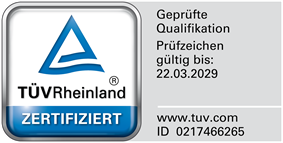 TÜV Rheinland zertifiziert, geprüfte Qualifikation, ID 0217466265